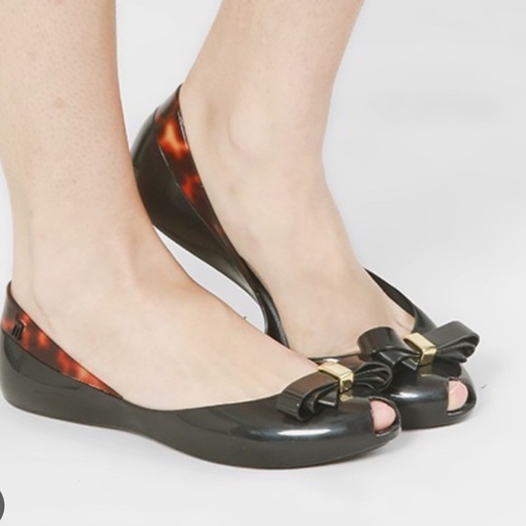 Melissa Queen IV blush black peep toe front bow ballerina flats Sz 6 - Picture 12 of 13